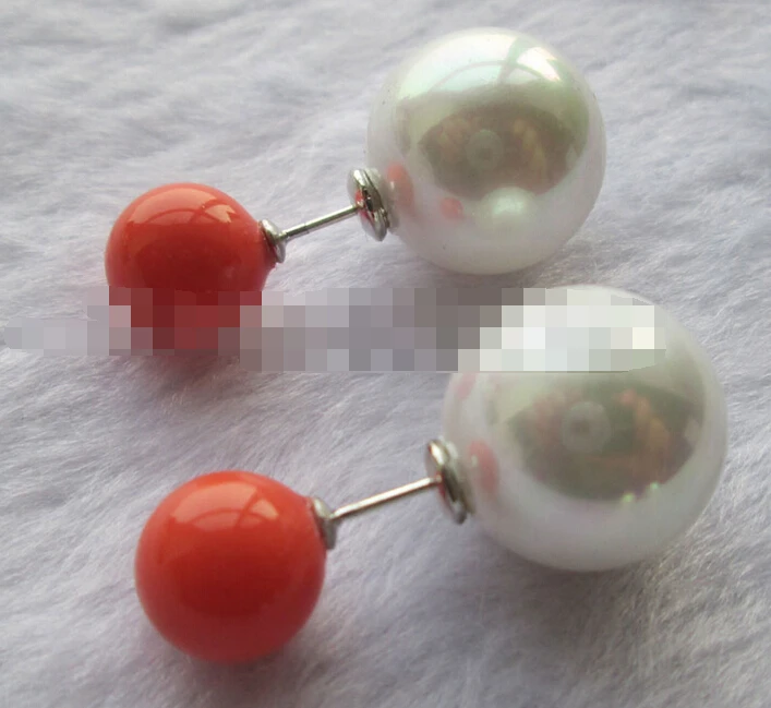 

Hot selling> free shipping 12797 pink coral color + white round sea shell pearl earring stud -Bride jewelry free shipping