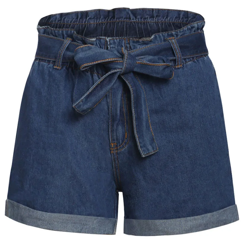 Medium Blue Shorts SEBOWEL/летние легкие/средние синие джинсовые шорты с бумажной сумкой, высокая талия с ремешками, Широкие джинсовые шорты с поясом, размер s-xl - Цвет: Medium Blue Shorts