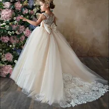 Г. Королевское Платье принцессы с открытой спиной цвета шампанского и цвета слоновой кости, кружевное свадебное платье с цветочным узором для девочек платье для первого причастия с длинным шлейфом и бантом