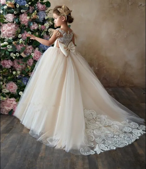 

2019 royal princess sheer back champagne and ivory lace wedding flower girl dresses first communion gown with long train bow