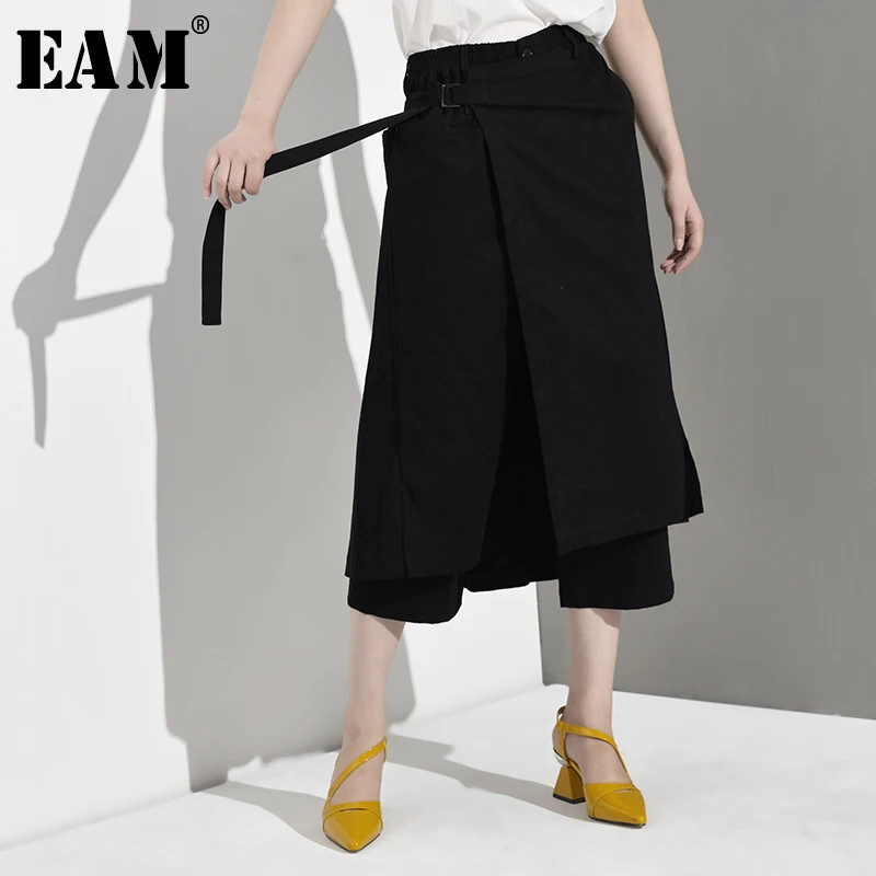 

[EAM] 2019 New Autumn Winter High Elastic Waist Black Split Joint False Two Loose Pants Women Trousers Fashion Tide JI0840