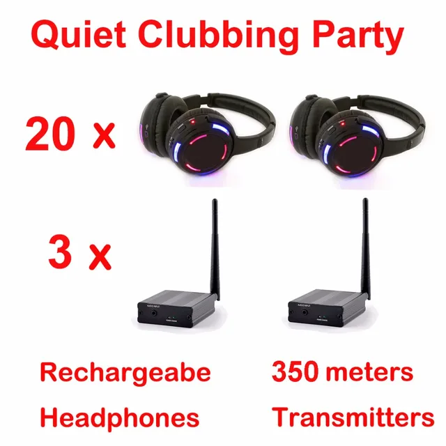 Silent Disco complete system black led wireless headphones – Quiet Clubbing Party Bundle (20 Headphones + 3 Transmitters)