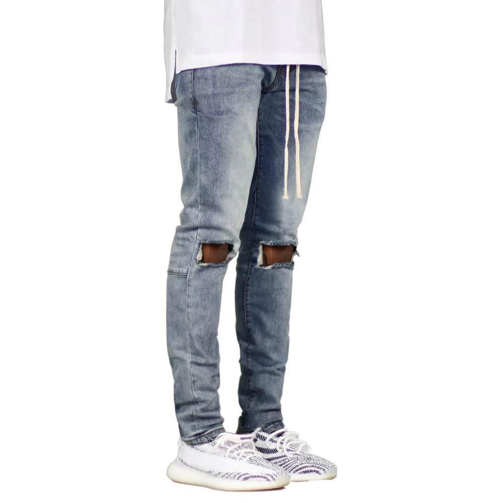 

New 2019 Hip Hop Hole Jeans Sweatpants Skinny Motorcycle Denim Pants Drawstring Designer Black Jeans Mens Slim Men Trousers