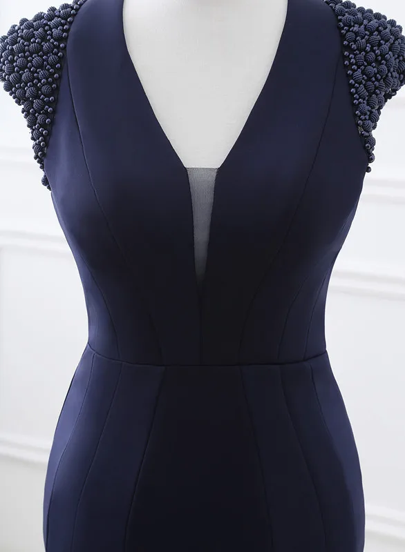 sleeves mermaid navy blue evening dress