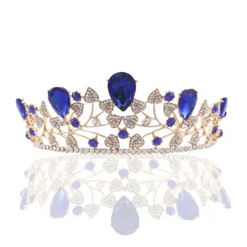 

Large Luxury Fashion Crystal Wedding Bridal Tiara Diamante Royal Blue Crown Pageant Prom Hair Jewelry For Bridesmaid Bride