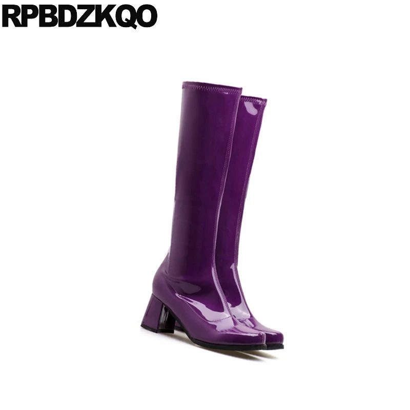 Herbst Frauen purpurrot Stiefel Kalb Wasserdichte Lila blau Patent Runde Leder Heel Knie Winter Fell Lange Chunky Trend Kappe Schuhe Breite High Schwarzes Damen Zf6pBZqr