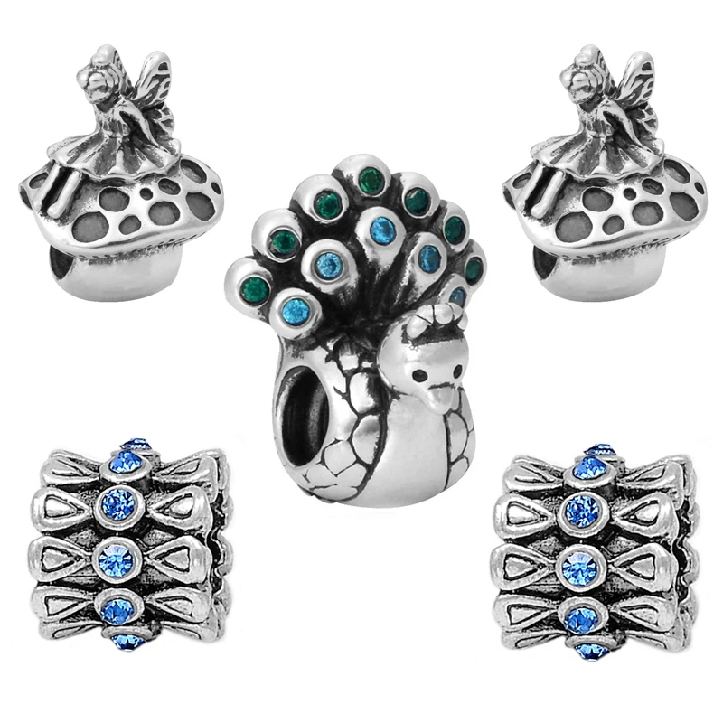 Серебряный цвет модные павлиньи перья эльф Бусины Подходят Пандора бусины