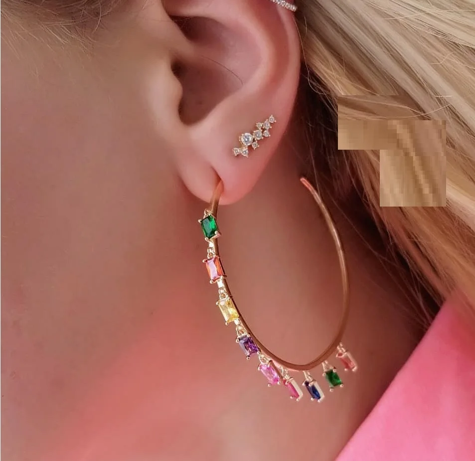 

48-50mm Circle Hoop gold filled with rainbow green cz baguette cz charm Bohemia Bohe Gorgeous women earring