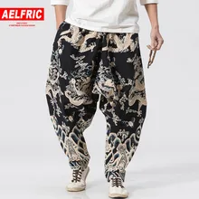 AELFRIC Дракон 3d принт широкие брюки льняные повседневные брюки мужские Knickerbockers гарем джоггеры китайский стиль брюки США Размер M-3XL TR18