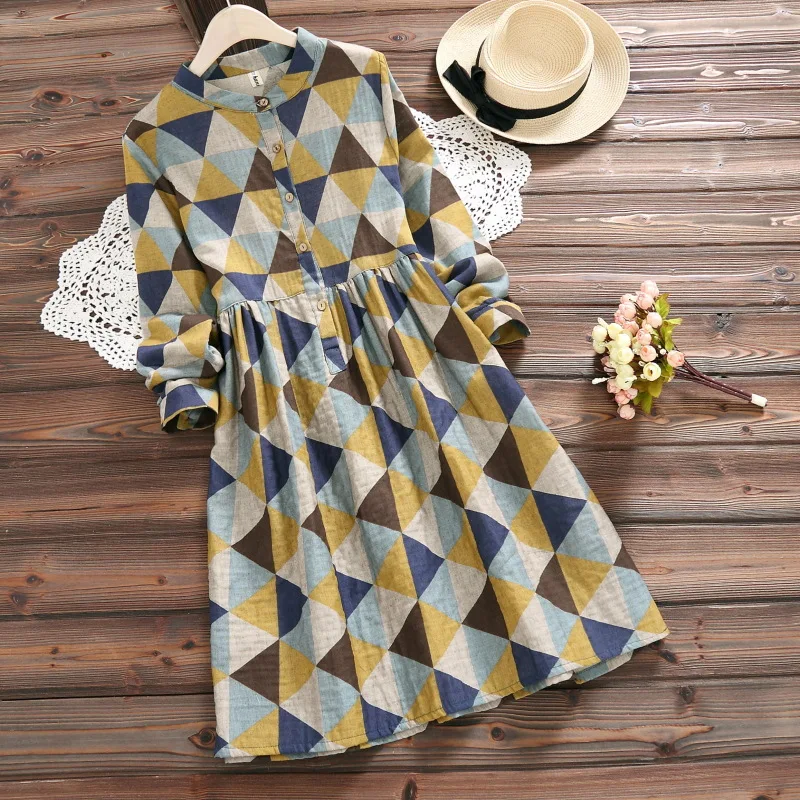 

Shugo Wynne Mori Girl Autumn New Women Stand Collar Long Sleeve Geometric Print Cotton Linen Casual Dress Vestidos Femininos