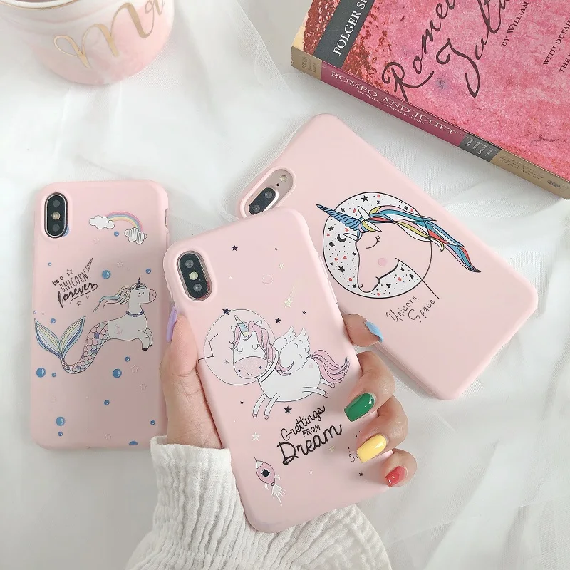 

Cartoon Unicorn Animal Case For iPhone 7 7 plus 6 6s Cover Fashion Pink Soft Silicone Phone Case For iPhone X XS MAX Coque
