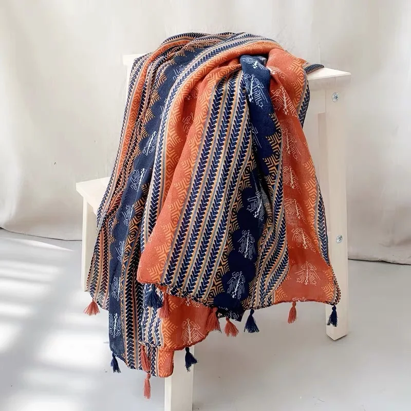 Модная богемная Этническая кистовидная вискоза шарф женский геометрический принт мягкий теплый хиджаб и обертывания мусульманский Sjaal 180*90 см
