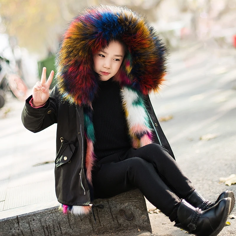 Меховая куртка для девочек и мальчиков зимние парки верхняя одежда для детей ясельного возраста шуба из искусственного лисьего меха для девочек, черная детская одежда с капюшоном, TZ323