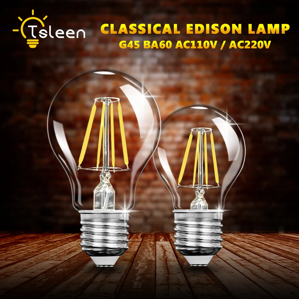 TSLEEN A60 E27 Светодиодный светильник накаливания с регулируемой яркостью G45 220 В 110 В 4 Вт 8 Вт 12 Вт 16 Вт лампа Эдисона старинный светодиодный светильник