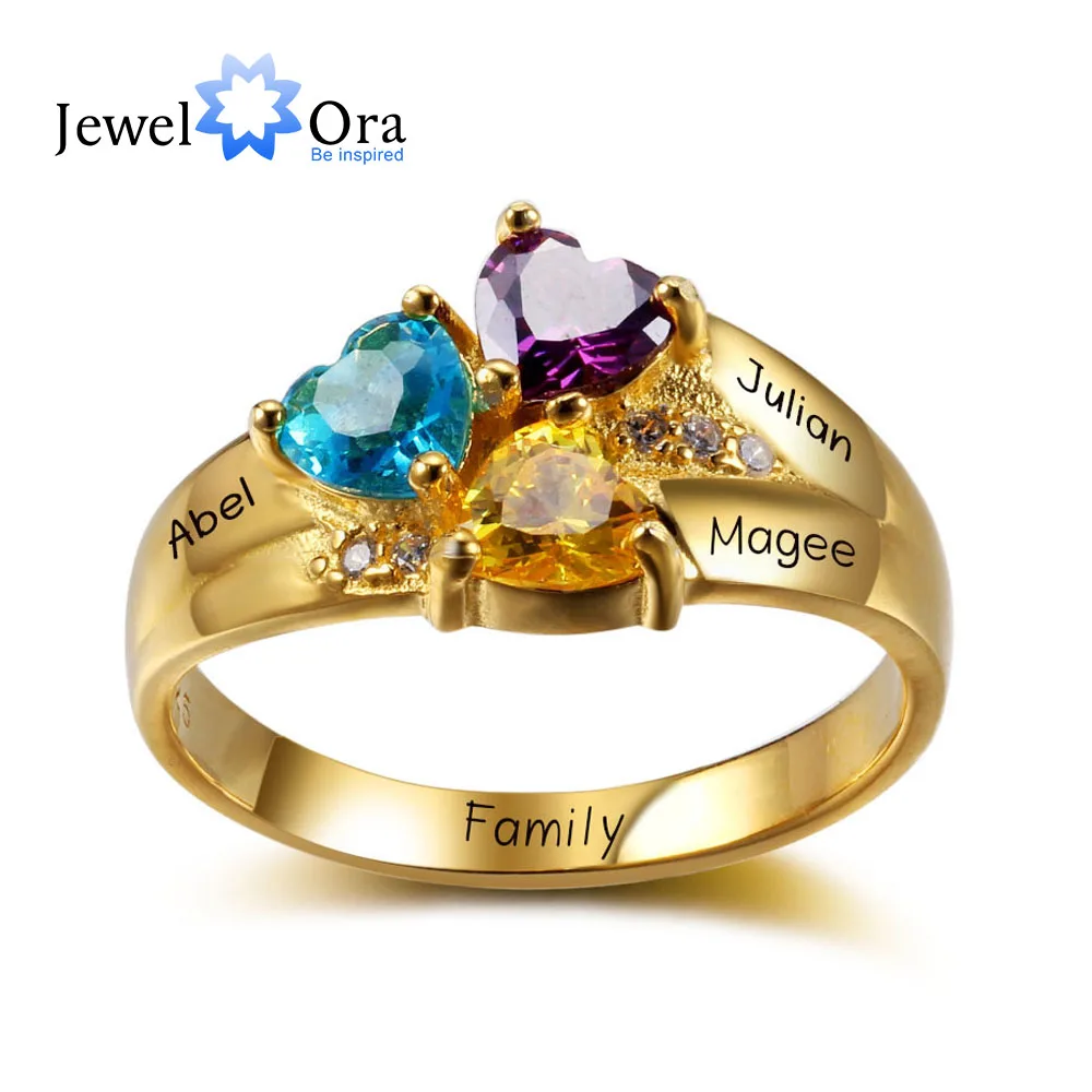 Gold Color Personalized Engrave Birthstone Jewelry Heart Stone Name Ring 925 Sterling Silver Love Ring JewelOra