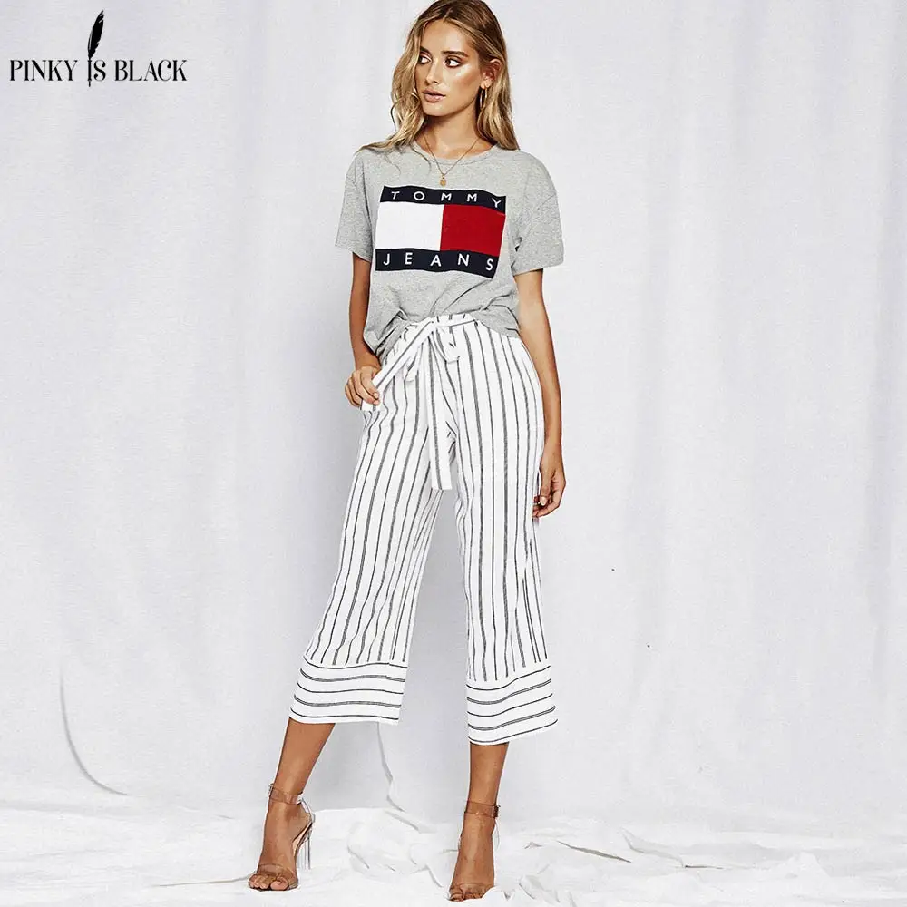 PinkyIsBlack Stripe split wide leg pants women bow tie sashes high waist trouser summer loose pants 2018 office female bottoms PinkyIsBlack Stripe split wide leg pants women bow tie sashes high waist trouser summer loose pants 2018 office female bottoms