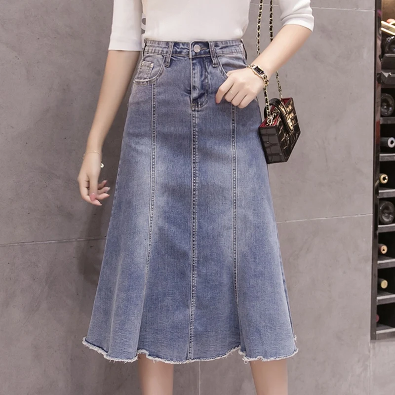 

Spring Summer Woman Skirt Pleated Lace High Waist Trumpet Washed A Line Denim Saia Midi Streetwear Ripped Ruffle Faldas Mujer