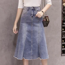 Spring Summer Woman Skirt Pleated Lace High Waist Trumpet Washed A Line Denim Saia Midi Streetwear Ripped Ruffle Faldas Mujer lace insert ripped denim skirt