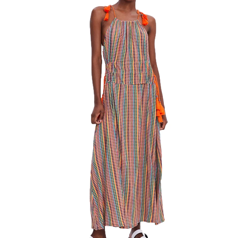 

Summer dress 2019 sleeveless casual dress off shoulder long dress tassel womens clothing plaid dress women