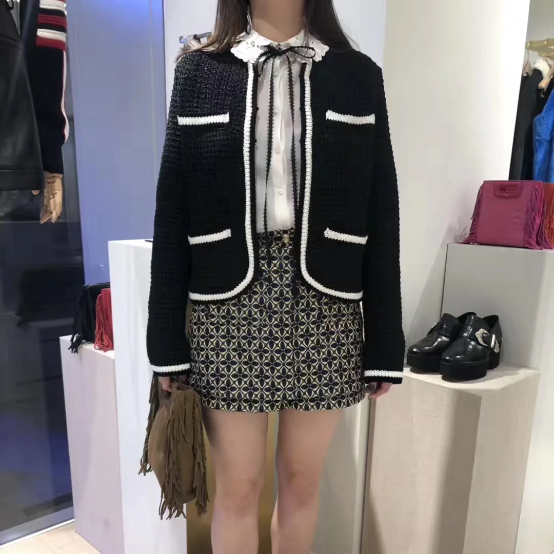 

New Sweater In Spring and Summer of 2019 Patchwork Cardigans O-Neck Computer Knitted Black Sweater Women