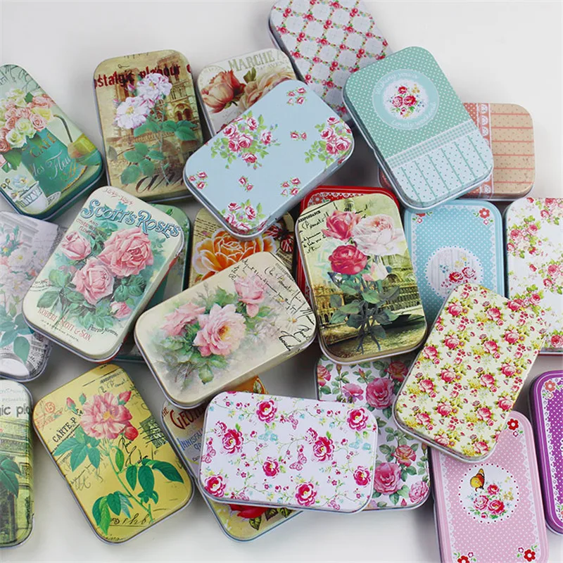 

8 Pieces/lot Vintage Cartoon Tin Box Rectangle Slide Mini Tea Candy Cookies Storage Box Small Mac Makeup Jewelry Case Gift Boxes
