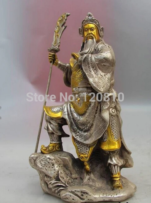 

zhaorui6600010++Chinese White Copper Silver Warrior Guan Gong Guan Yu Buddha Dragon Sword Statue