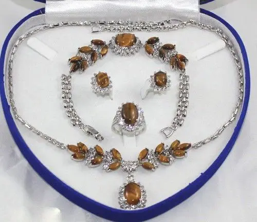 

Free shipping Rare 18K White Gold GP Inlay Tiger's Eye Necklace Bracelet Earring Ring set