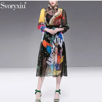 

Svoryxiu 2019 Runway Summer Chiffon Dress Women's Fashion Lantern Sleeve Angel Starry Sky Print Beach Holiday Dresses Vestidos