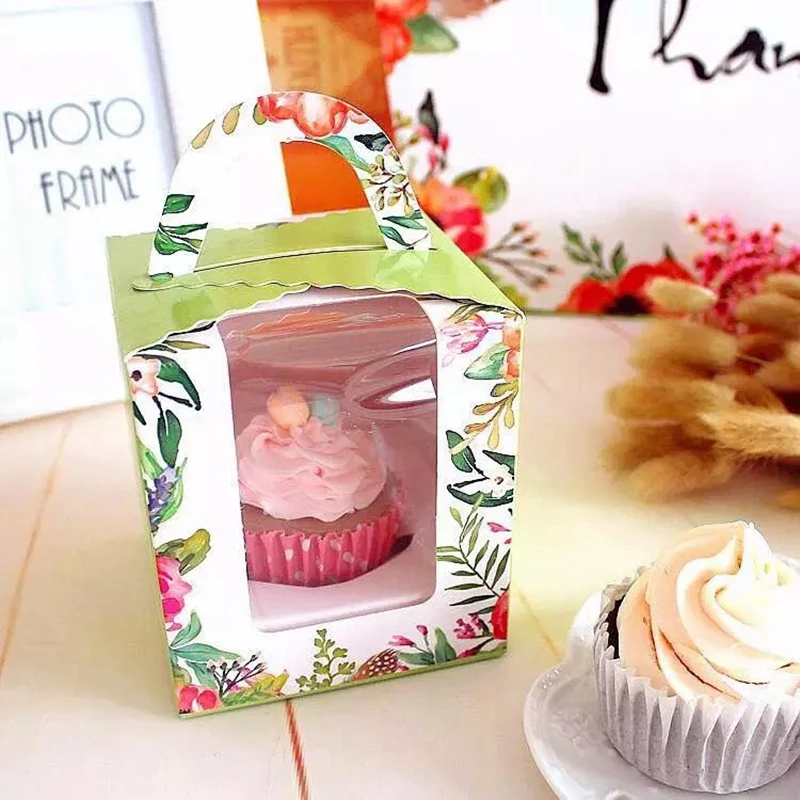 

20pcs Green Rural Cupcake Box with Handle Packaging Box for Cupcake Birthday Party Cup Cake Boxes Wedding Cake Box