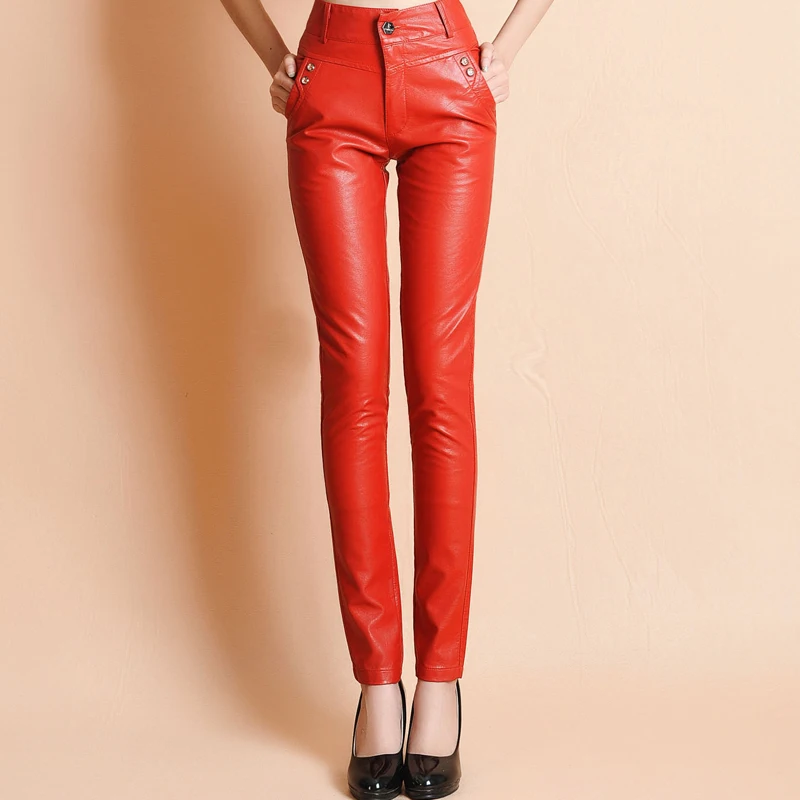 Fashion Brand Red Color Pu Leather Pants Winter Autumn Spring Womens High Quality Stretch Was 