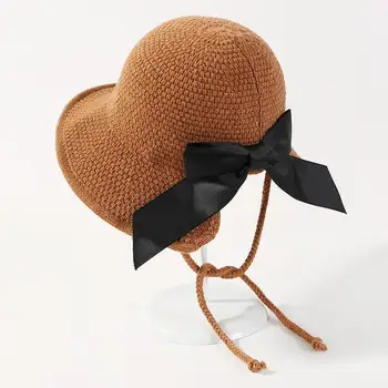 

2018 New 7 Solid Colors Winter Wool Hat Knitted Bow Bucket Hats for Women Fashion Cap Knitting Bucket Caps