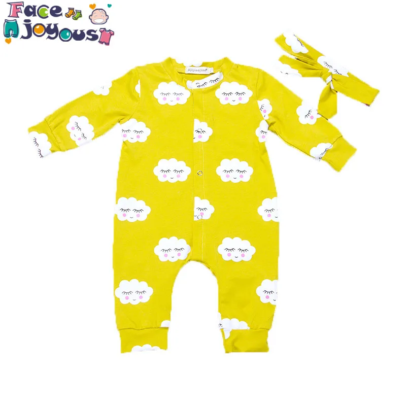 

2pcs Newborn Baby Girls Printing romper Headband Sets Long Sleeves Autumn Cloud printing Clothes Infant Outfits jumpsuit
