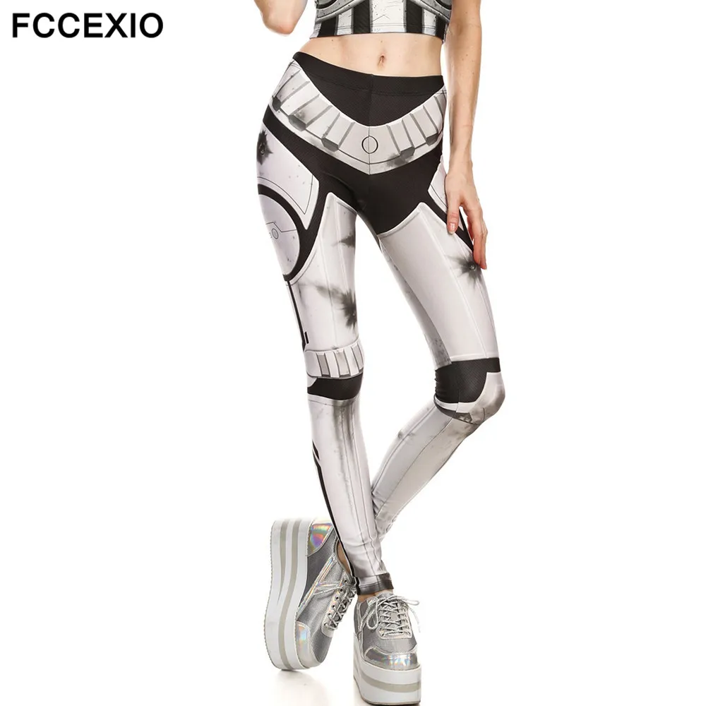 

FCCEXIO Fashion Style 2019 Iron Metal Armour Legins Robot Mechanical Print Leggings Superhero Cool Stretch Soft Fitness Pants