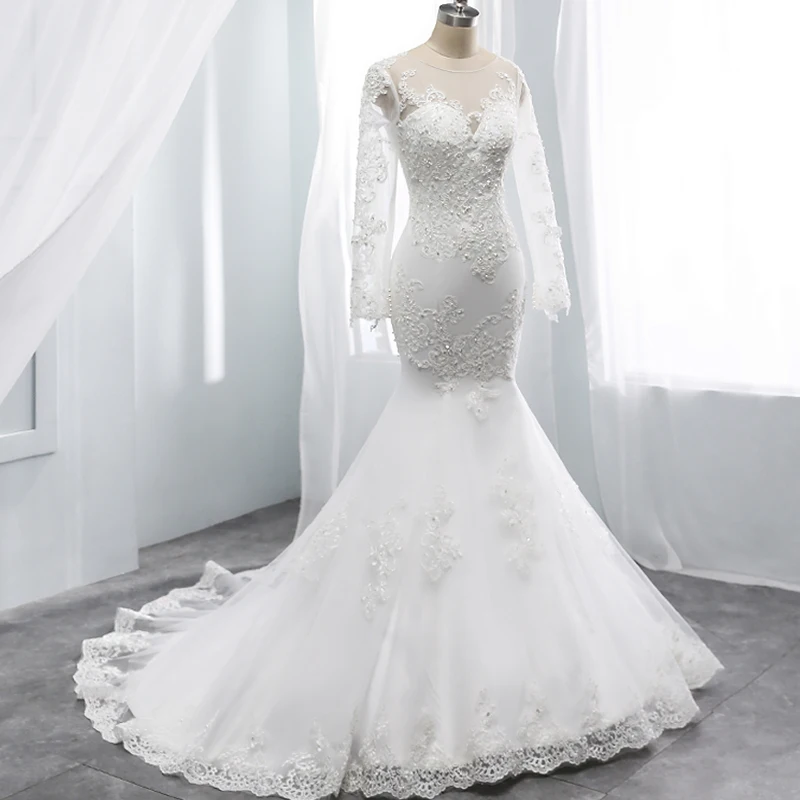 

2019 Mermaid wedding dress long sleeves backless wedding Grown Crystal peals Mariage dress Custom made O-neck dress for wedding