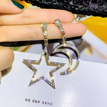 Блестящая сторона, новинка, модный бренд, ювелирное изделие, асимметричные серьги с кристаллами, звезды, луна, длинные серьги-гвоздики для женщин, высокое качество