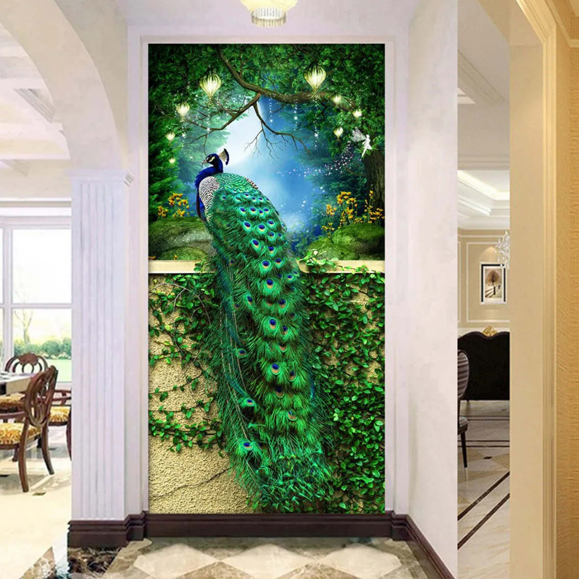 

5D DIY Diamond Painting Kit Diamond Rhinestone Cross Stitch Kit Wall Decor Green Peacock Forest Elf Light Wall Vines