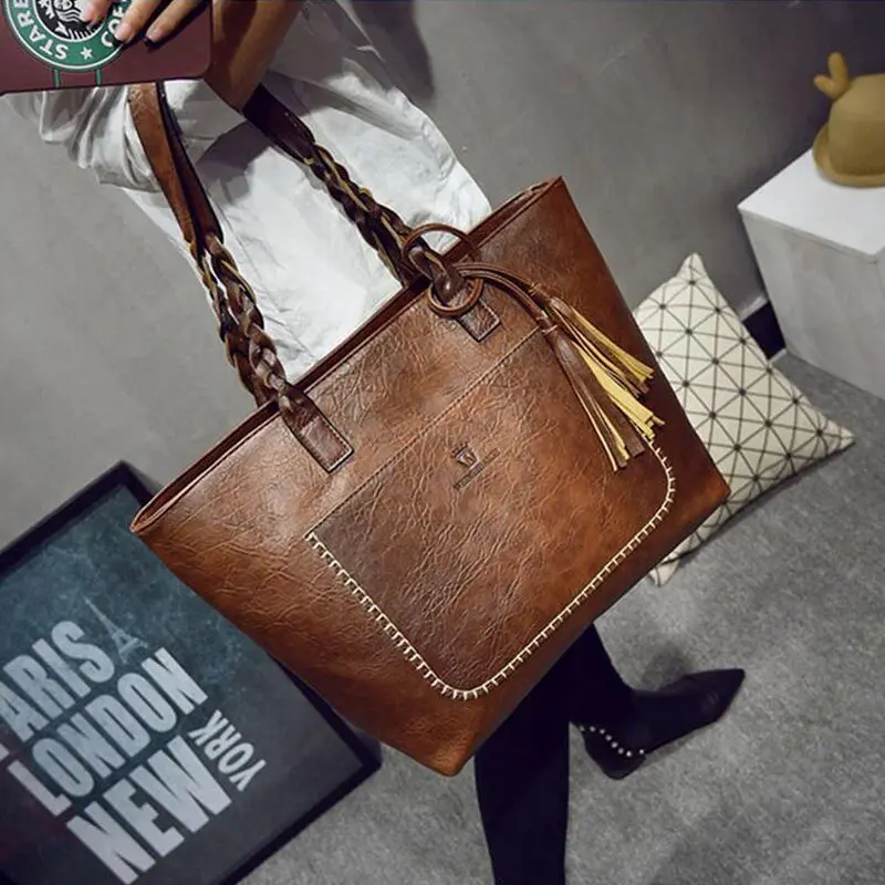  2017 Famous Brand Leather Handbag Bolsas Mujer Large Vintage Tassel Shoulder Bags Women Shopping Tote Bag Purse sac a main Li533 