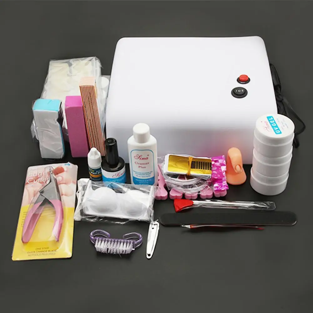 Full Set 36W White Cure Dryer Lamp & 12 Color UV Gel Nail Art Tips Tools Kits