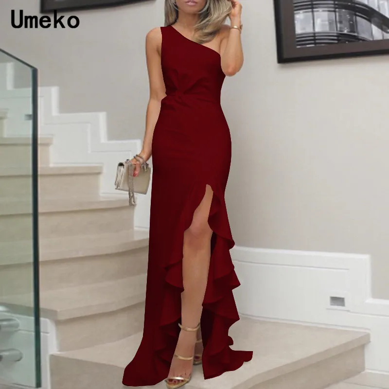 

Umeko One-shoulder Ruffles Ladies Dresses Bodycon Sexy Clubwear Black White Burgundy Side Split Maxi Sheath Dress Women