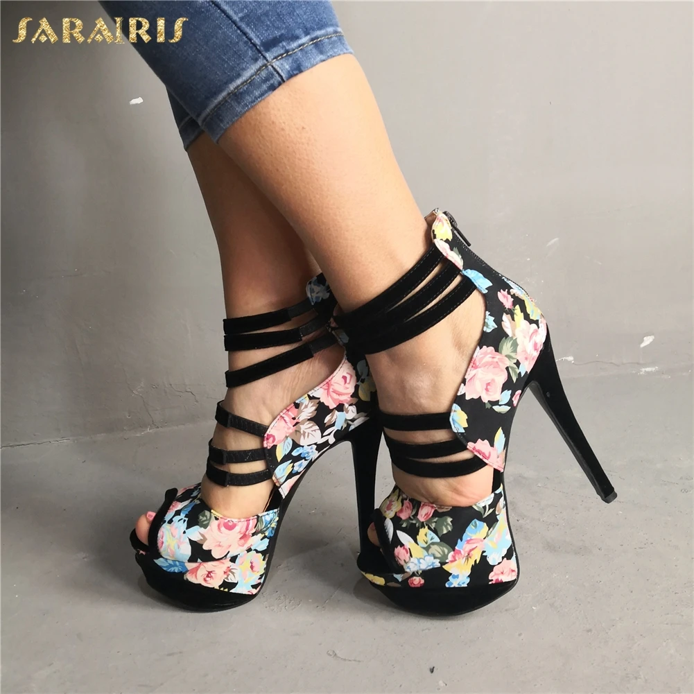 

SARAIRIS Brand Design Sexy Flower Print Plus Size 47 Party Sandals Women Shoes Lady Thin High Heels Shoes Woman Sandals