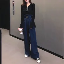 Для женщин Повседневное высокой талии свободные джинсы женские широкие брюки Bootcut промывают Дамская мода джинсовые расклешенные брюки с поясом GJ288