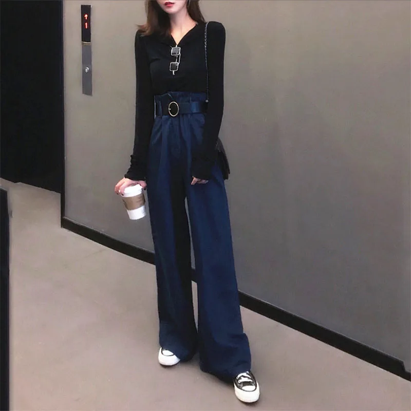 2019 Women Casual High waist Loose Jeans Female Wide Leg
