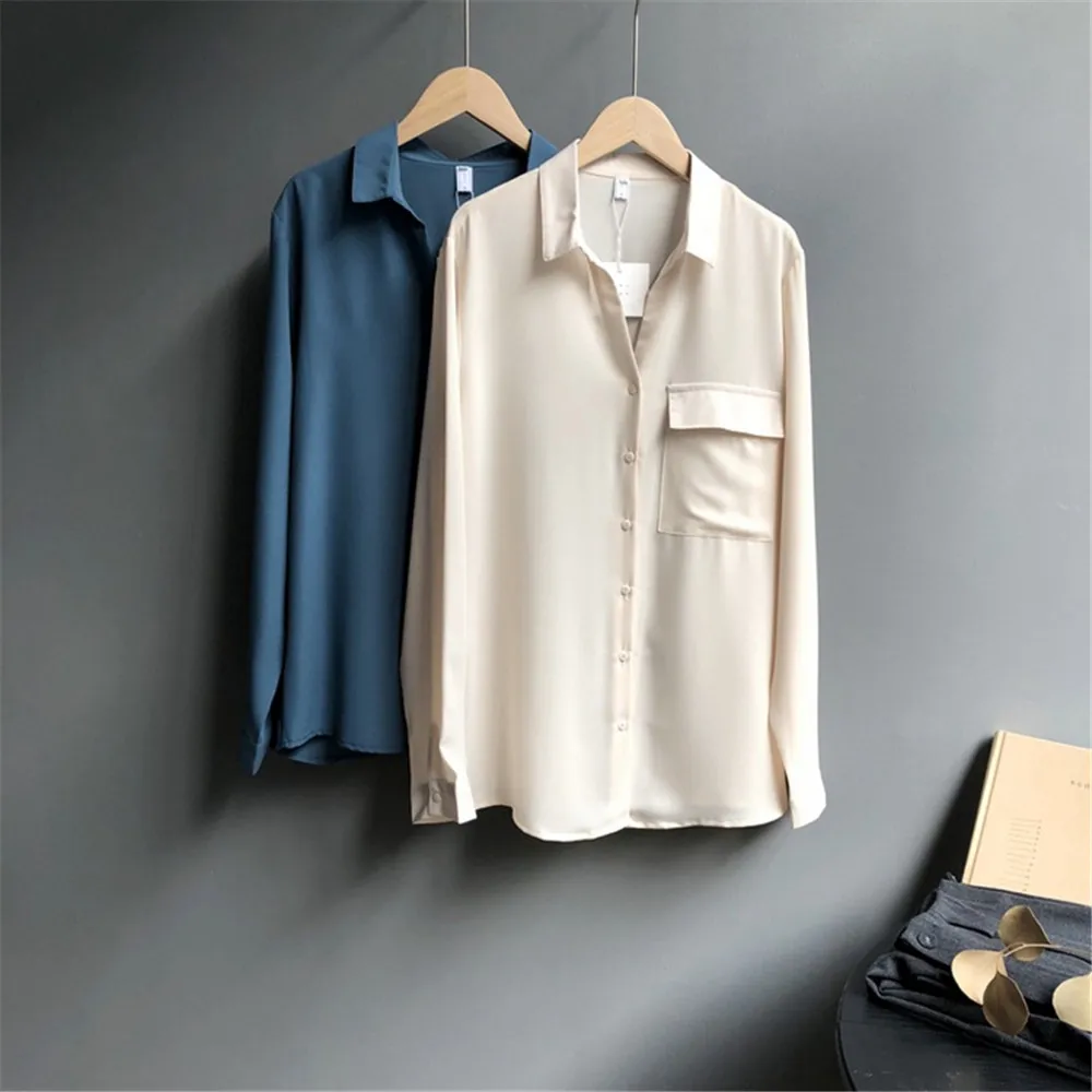High Quality Office Lady Elegant Single Pocket Blouse 2018 Autumn Women Tops And Blouses Shirts Women's Long Sleeved Solid Shirt (6)
