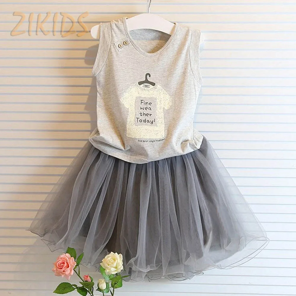 

Kids Girl Sets Summer Casual Korean Print Letters Vest Tank+Tulle Skirts Children Clothing Set Girls Clothes Brands 2017 Hot