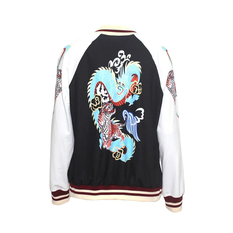 2018 Autumn Fashion Women Stand Collar Zipper Long Sleeve Basic Jacket Dragon Tiger Print Bomber Jackets Coats Streetwear