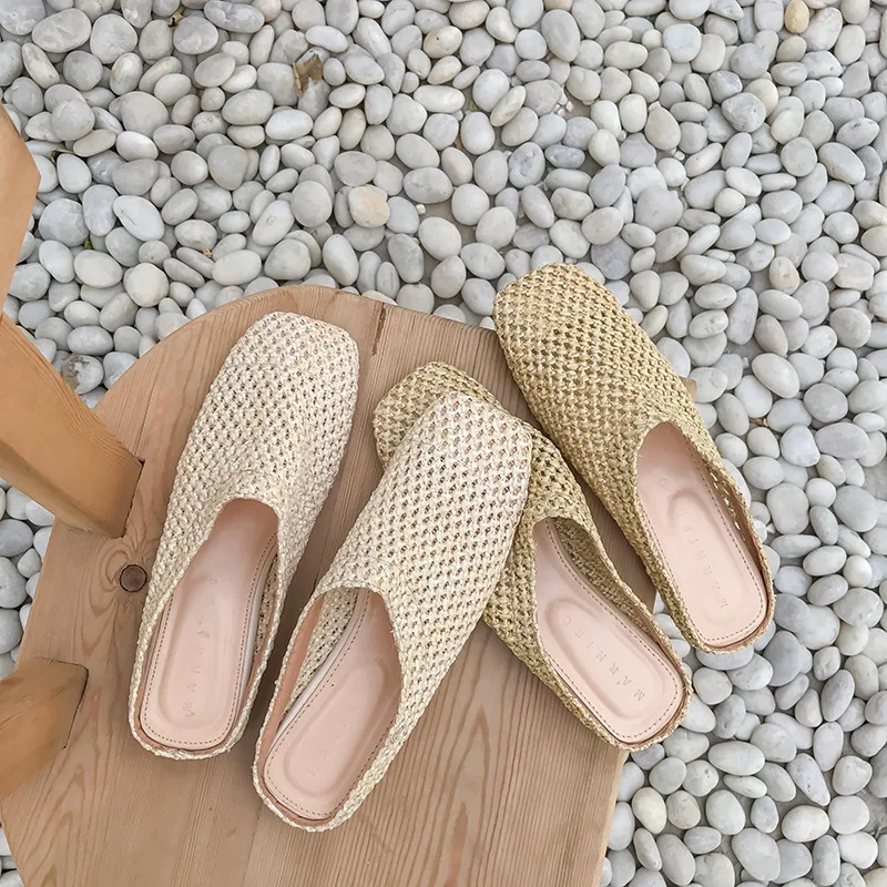 

Fretwork Heels Slides Mules Womens Shoes Women's Slippers 2019 Square Toe Sliders New Flat Cane PU Basic Rubber Shoes Without