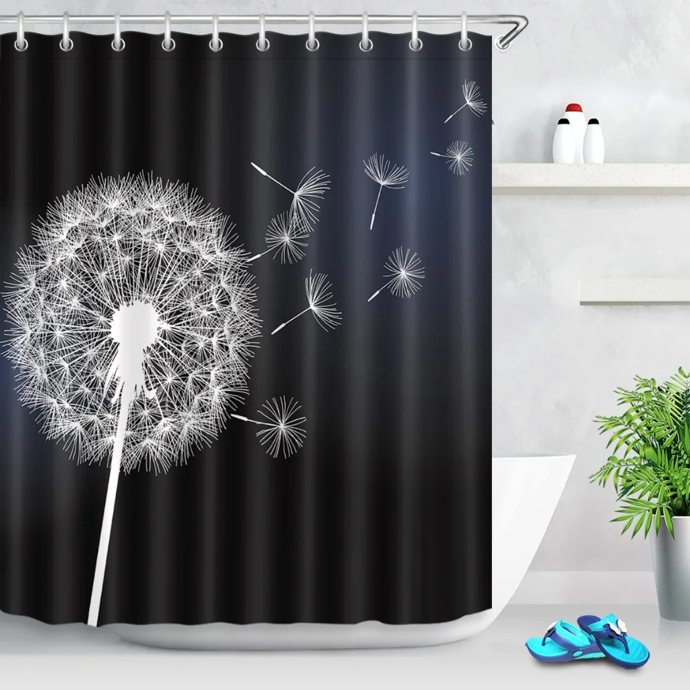 LB 180*180 цветок Одуванчик белый на черном занавеске для душа s моющиеся занавески для ванной комнаты цветочные ткани полиэстер для ванной Декор