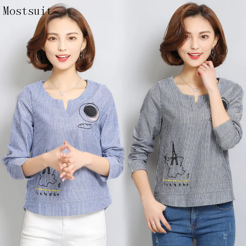

XXXL 2018 Blue Striped Cotton Linen Blouses Tops Long Sleeve V-neck Casual Office Shirt Embroidered Korean Blusas Plus Size Grey