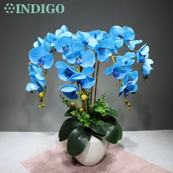 

INDIGO - (9pcs/lot) Real Touch Blue Orchids Modern Flower Arrangment With Leaves Shop Display Wedding Event Centerpiece
