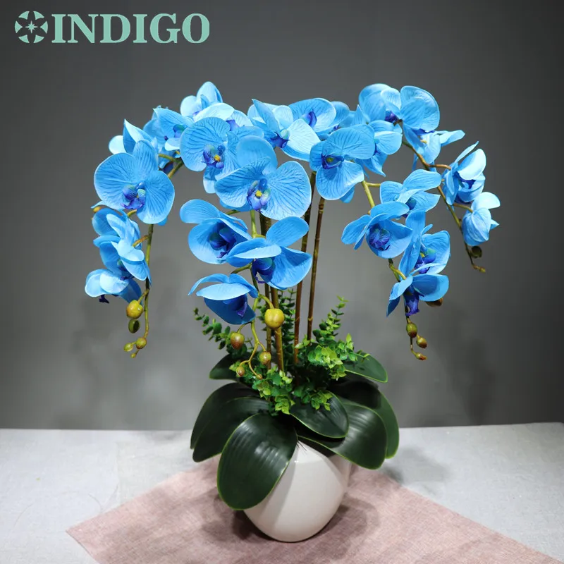 

INDIGO - (9pcs/lot) Real Touch Blue Orchids Modern Flower Arrangment With Leaves Wedding Event Centerpiece Free Shipping